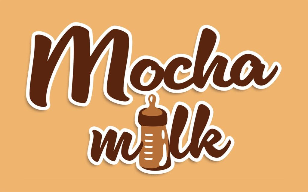 Mochamilk logo with coffee syrup illustration on beige background.